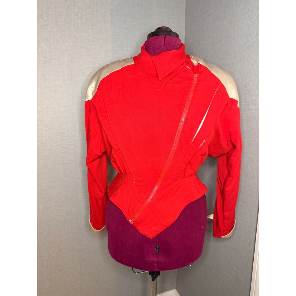 Vintage Message Red Asymmetrical Zip Peplum Jacket L Power Shoulder Avant Garde